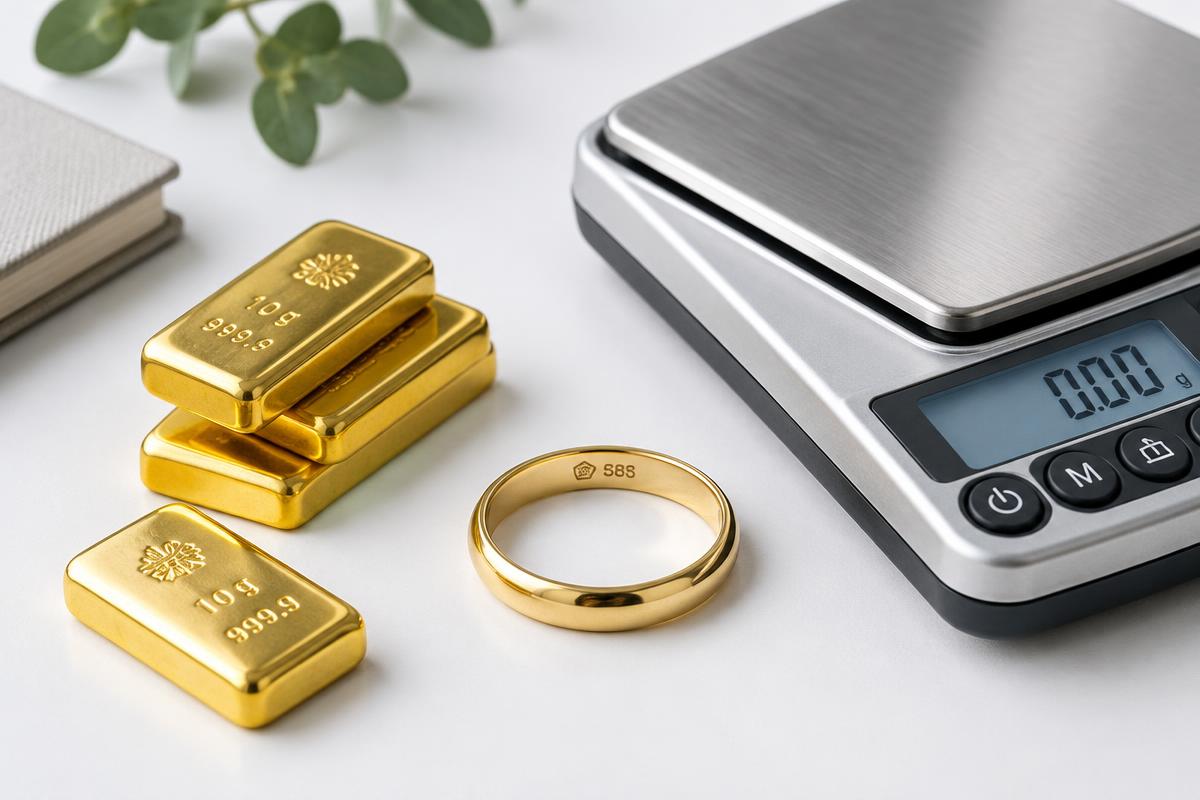 Gold bars, a ring and a jewelry scale